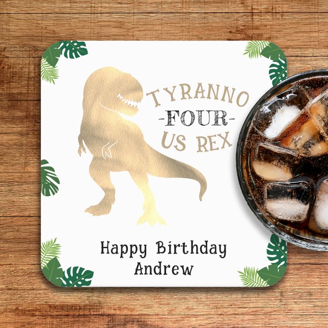 Dessous-de-verre Carré En Papier Dinosaur 4e fête d'anniversaire Gold Tyrannosaurus (Dinosaur 4th Birthday Party Gold Tyrannosaurus Rex Square Paper Coaster
)