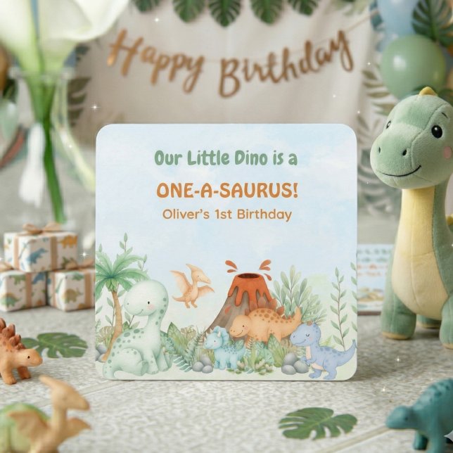 Dessous-de-verre Carré En Papier Dinosaur One-A-Saurus 1st Birthday  (One-A-Saurus Dinosaur 1st Birthday Paper Coaster)
