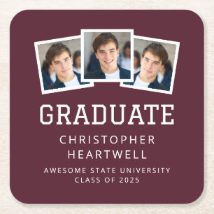Dessous-de-verre Carré En Papier Diplômé 2025 3-Photo Bordeaux Blanc