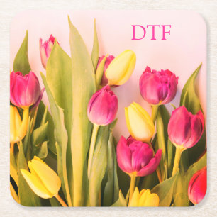 Dessous-de-verre Carré En Papier do-it-yourself Monogramme/Nom rose, Tulipe rose et
