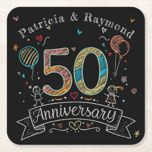 Dessous-de-verre Carré En Papier Doodle de tableau noir 50e anniversaire personnali