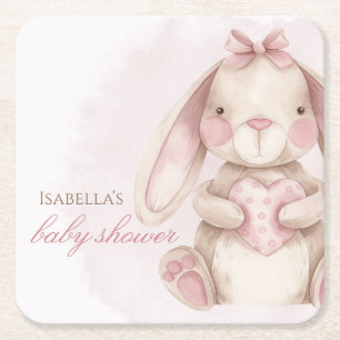Dessous-de-verre Carré En Papier Douce Fête de Bébé au Lapin Rose en Aquarelle