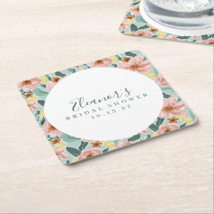 Dessous-de-verre Carré En Papier Douce Mariée Florale Rose Menthe Sauge Script Pers