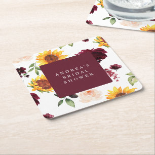 Dessous-de-verre Carré En Papier Douche de Mariée d'Automne Tournesols & Roses Bour