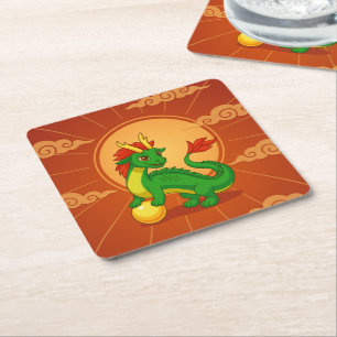Dessous-de-verre Carré En Papier Dragon Chinois Vert sur Fond Rouge