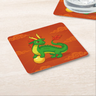 Dessous-de-verre Carré En Papier Dragon Chinois Vert sur Fond Rouge
