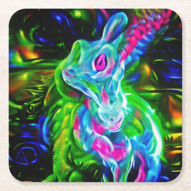 Dessous-de-verre Carré En Papier Dragon de lapin psychédélique à Neon Imaginaire (Devant)