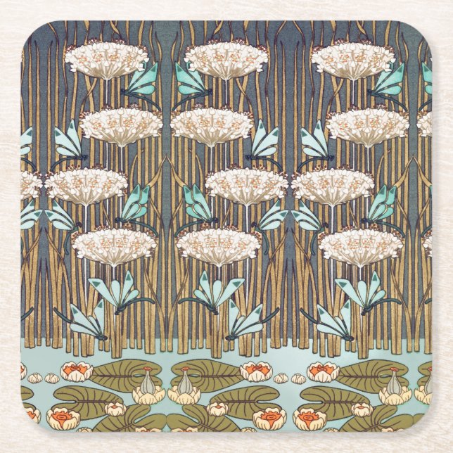 Dessous-de-verre Carré En Papier Dragonflies Water Lilies Marais Art Nouveau (Devant)