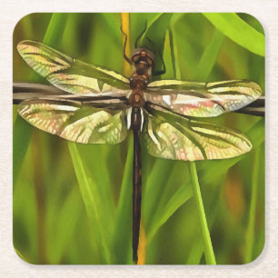 Dessous-de-verre Carré En Papier Dragonfly Artistique En Brown Et Jaune Sur Vert