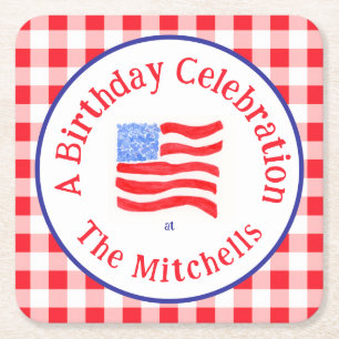 Dessous-de-verre Carré En Papier Drapeau USA aquarelle ANNIVERSAIRE Rouge Blanc Ble