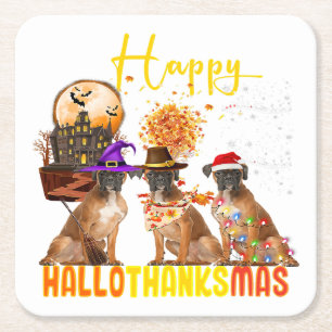 Dessous-de-verre Carré En Papier Drôle chien de boxe Hallothanksmas heureux proprié