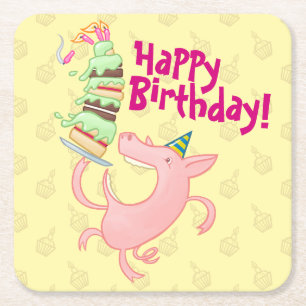 Dessous-de-verre Carré En Papier Drôle Cochon Joyeux Anniversaire ! Carton de gâtea