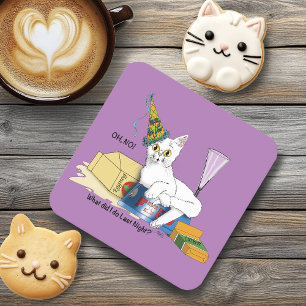 Dessous-de-verre Carré En Papier Drôle de Lendemain de Nouvel An Chat Blanc