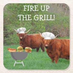 Dessous-de-verre Carré En Papier Drôle Highland Steer Barbecue Time