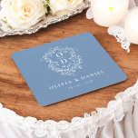 Dessous-de-verre Carré En Papier Dusty Blue Floral Monogramme Mariage Crest Moderne<br><div class="desc">Ajoutez une touche élégante à votre célébration avec le Dessous de verre en papier Carré Monogram Mariage Crest moderne. Dotés d'un design sophistiqué de crête monographique, ces dessous de verre sont parfaits pour les mariages, les fiançailles ou les douches nuptiales. La forme élégante du carré et le papier absorbant de...</div>