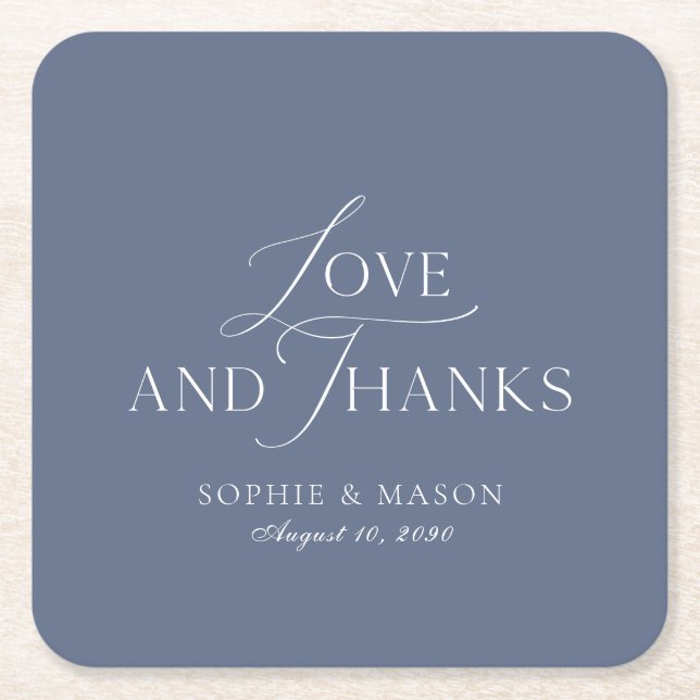 Dessous-de-verre Carré En Papier Dusty Blue Love and Thanks Wedding Favor (Devant)