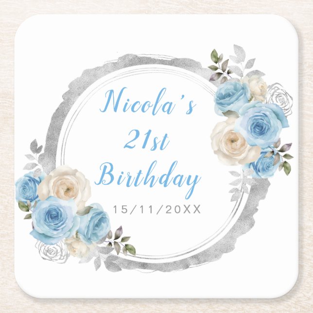 Dessous-de-verre Carré En Papier Dusty Blue Silver Elegant Flowers Birthday Party (Devant)