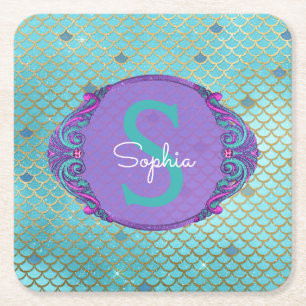 Dessous-de-verre Carré En Papier Échelle de sirène turquoise et violette Monogramme