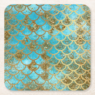 Dessous-de-verre Carré En Papier Échelles de poissons turquoises iridescentes de