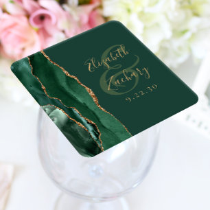 Dessous-de-verre Carré En Papier Écriture Agate Géode Émeraude Vert Or Mariage