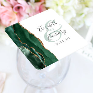 Dessous-de-verre Carré En Papier Écriture de géode d'agate vert émeraude or mariage