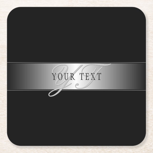 Dessous-de-verre Carré En Papier Écriture élégante de monogramme modifiable | Noir (Devant)