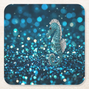 Dessous-de-verre Carré En Papier Élégance en mouvement : Aqua Seahorse sur Aqua Bok