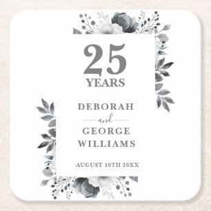 Dessous-de-verre Carré En Papier Élégant 25e anniversaire Mariage d'argent floral