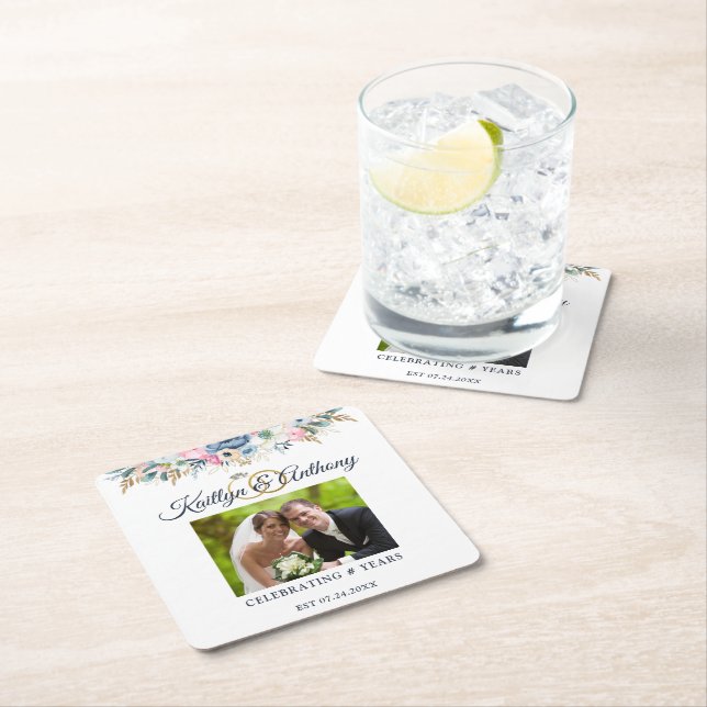 Dessous-de-verre Carré En Papier Elégant Anniversaire Aquarelle Florale Cercles Pho (En situation)