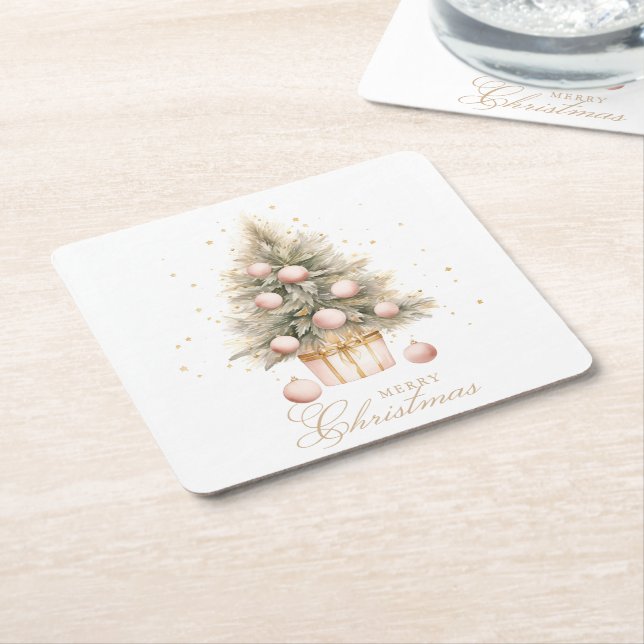 Dessous-de-verre Carré En Papier Elégant Aquarelle rose doux Joyeux Arbre de Noël (Incliné)