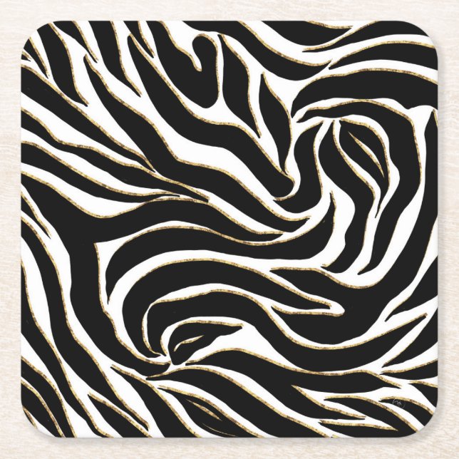Dessous-de-verre Carré En Papier Elégant Black Gold Zebra Poster de animal blanc (Devant)