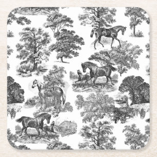 Dessous-de-verre Carré En Papier Elégant Black White Rustic Horses Toile