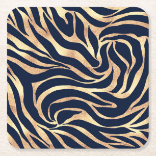 Dessous-de-verre Carré En Papier Elégant bleu marine Gold Zebra Imprimer