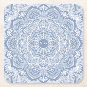 Dessous-de-verre Carré En Papier Elégant bleu poussiéreux en dentelle blanche class