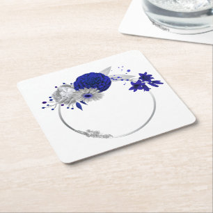 Dessous-de-verre Carré En Papier élégant bleu royal et fleurs d'argent