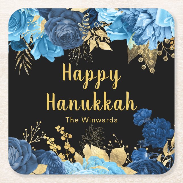 Dessous-de-verre Carré En Papier Elegant Blue and Gold Flowers Hanukkah Party (Devant)