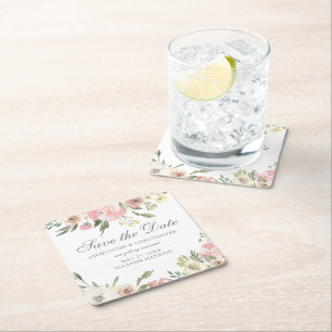 Dessous-de-verre Carré En Papier Élégant Blush Pink Ivory Floral Enregistrer la dat