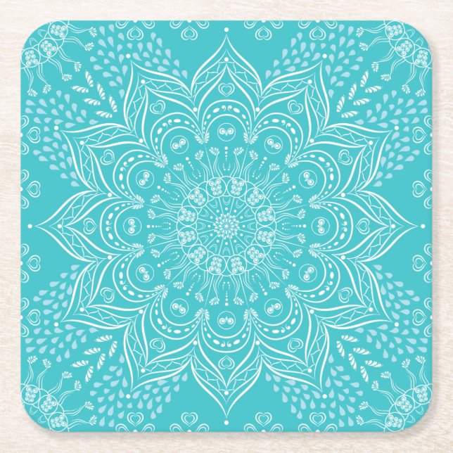 Dessous-de-verre Carré En Papier Elégant Boho Turquoise Dessous de verre Mandala (Devant)