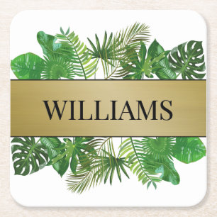 Dessous-de-verre Carré En Papier Elégant Botanique Vert Faux Gold Palm Leaf