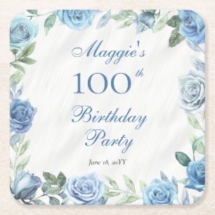 Dessous-de-verre Carré En Papier Elégant cadre floral bleu 100e fête d'anniversaire