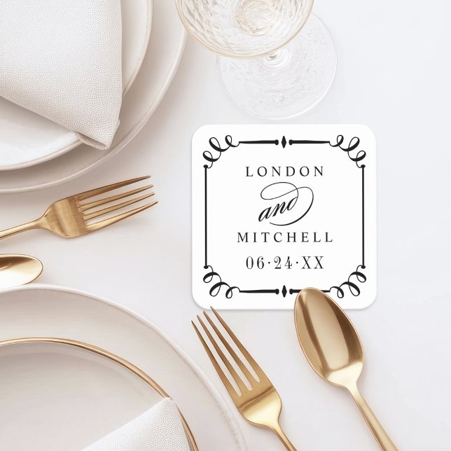 Dessous-de-verre Carré En Papier Elégant cadre noir de défilement de mariage person (Créateur téléchargé)