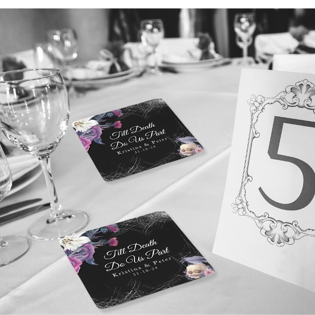 Dessous-de-verre Carré En Papier Élégant crâne floral gothique noir violet mariage (Créateur téléchargé)