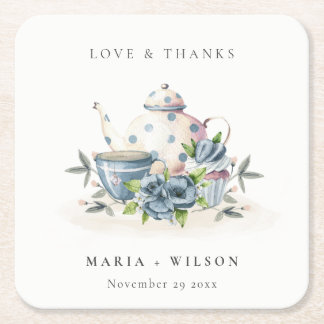 Dessous-de-verre Carré En Papier Elégant Cute Aqua Blue Floral Mariage de la Coupe