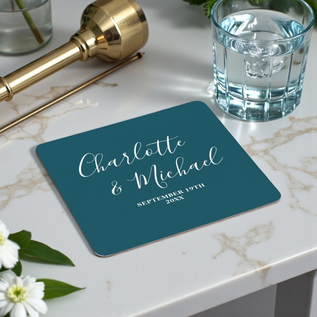 Dessous-de-verre Carré En Papier Elegant Deep Teal Script Minimalist Wedding (Créateur téléchargé)