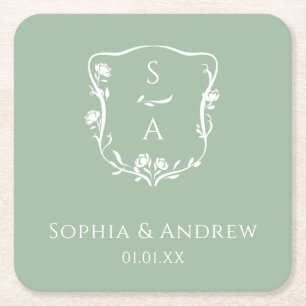 Dessous-de-verre Carré En Papier Élégant Eucalyptus Monogram Rose Mariage Crest