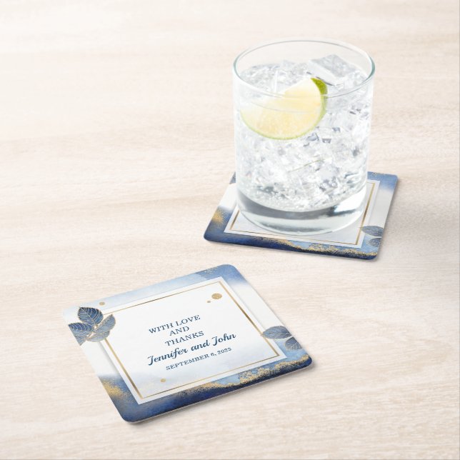 Dessous-de-verre Carré En Papier Élégant Feuille d'or bleu Mariage botanique (En situation)