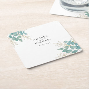 Dessous-de-verre Carré En Papier Elégant Feuille d'or verte Mariage personnalisé