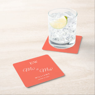Dessous-de-verre Carré En Papier Élégant Flare simple au néon avec Mariage Monogram
