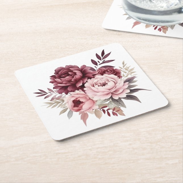 Dessous-de-verre Carré En Papier Elégant Floral Aquarelle Peony Flowers Mariage (Incliné)