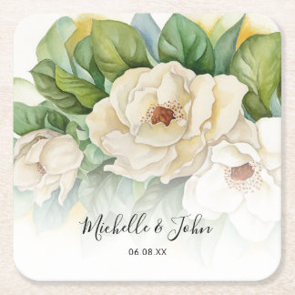 Dessous-de-verre Carré En Papier Élégant floral blanc Magnolia Script Noms Mariage